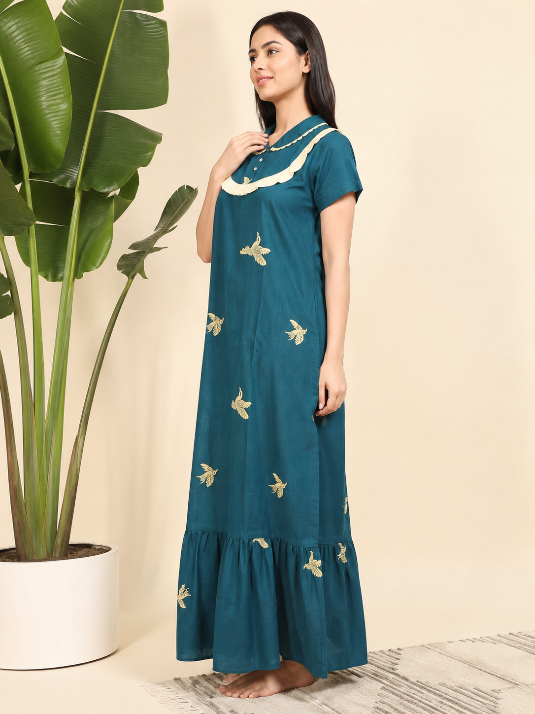 Sephani Women's Teal Printed Cotton Nighty with Peter Pan Collar & Frill Yoke | Soft Night Gown