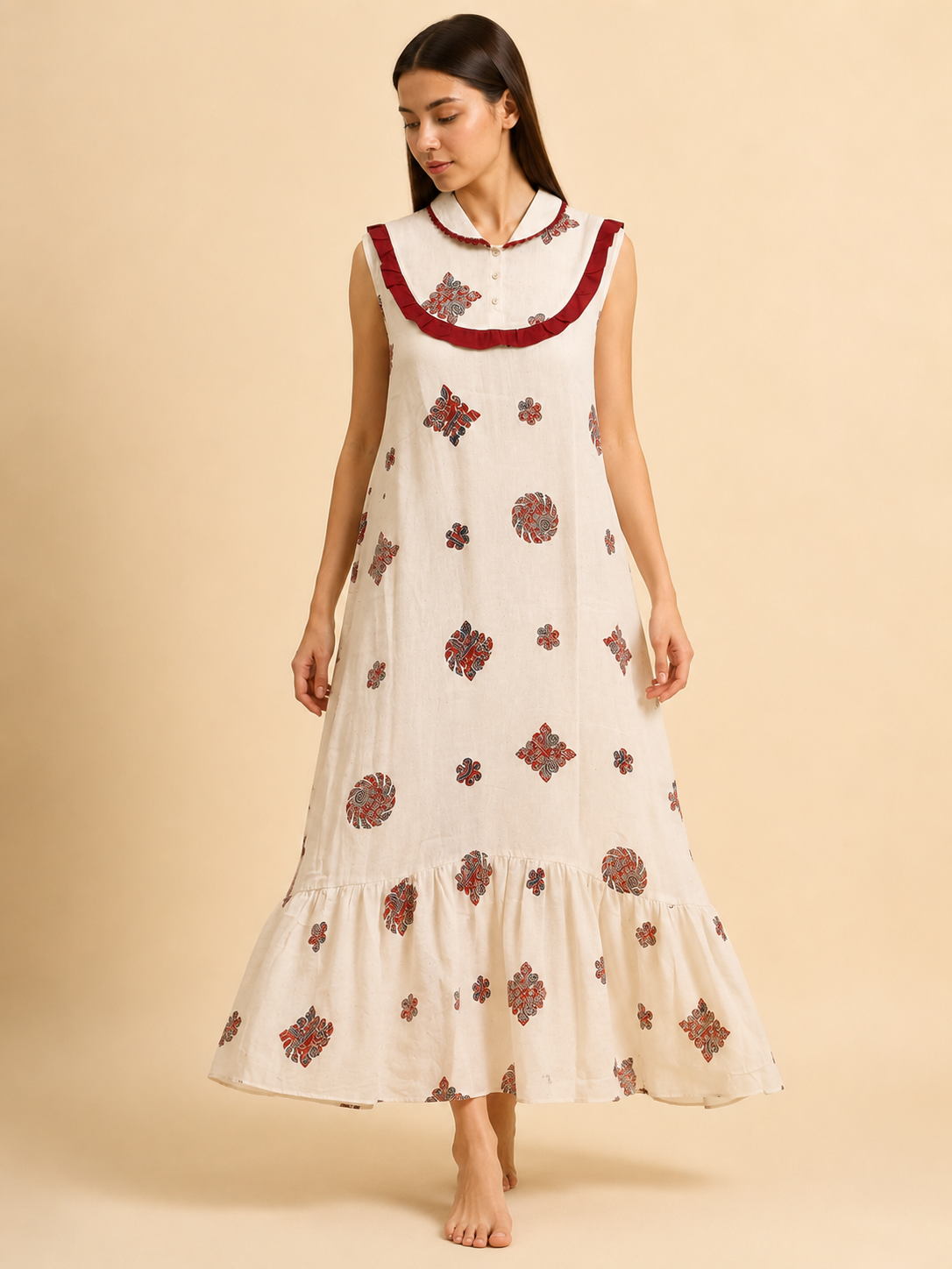 Women's Cream Ethnic Printed Cotton Nighty with Peter Pan Collar | Sleeveless Full Length Night Gown