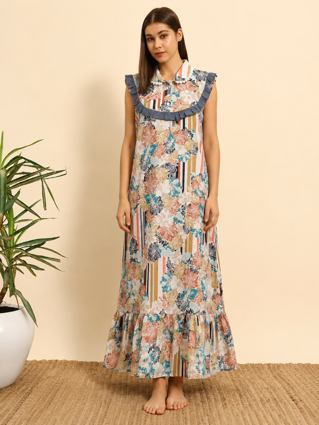 Women's multicolor floral printed cotton nighty with Peter Pan collar and blue ruffle yoke front view