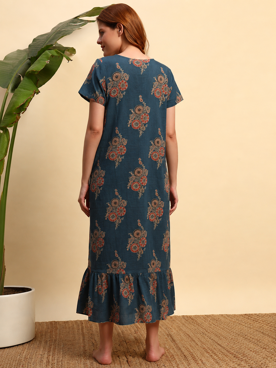 Sephani Women's Maternity Cotton Printed Nightgown with Feeding Zip, Lace Yoke & Flounce Hem | Soft Full-Length Nursing Nighty