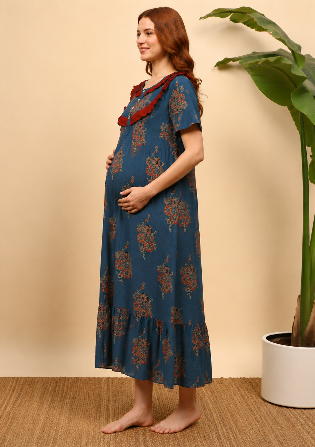 Sephani Women's Maternity Cotton Printed Nightgown with Feeding Zip, Lace Yoke & Flounce Hem | Soft Full-Length Nursing Nighty