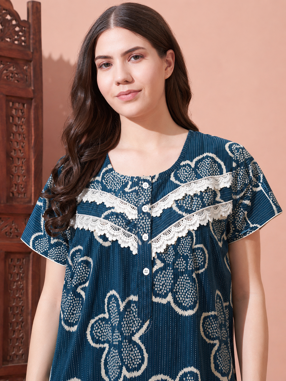 Women's Blue Floral Printed Cotton Nighty with Lace Yoke | Short Sleeve Full Length Night Gown