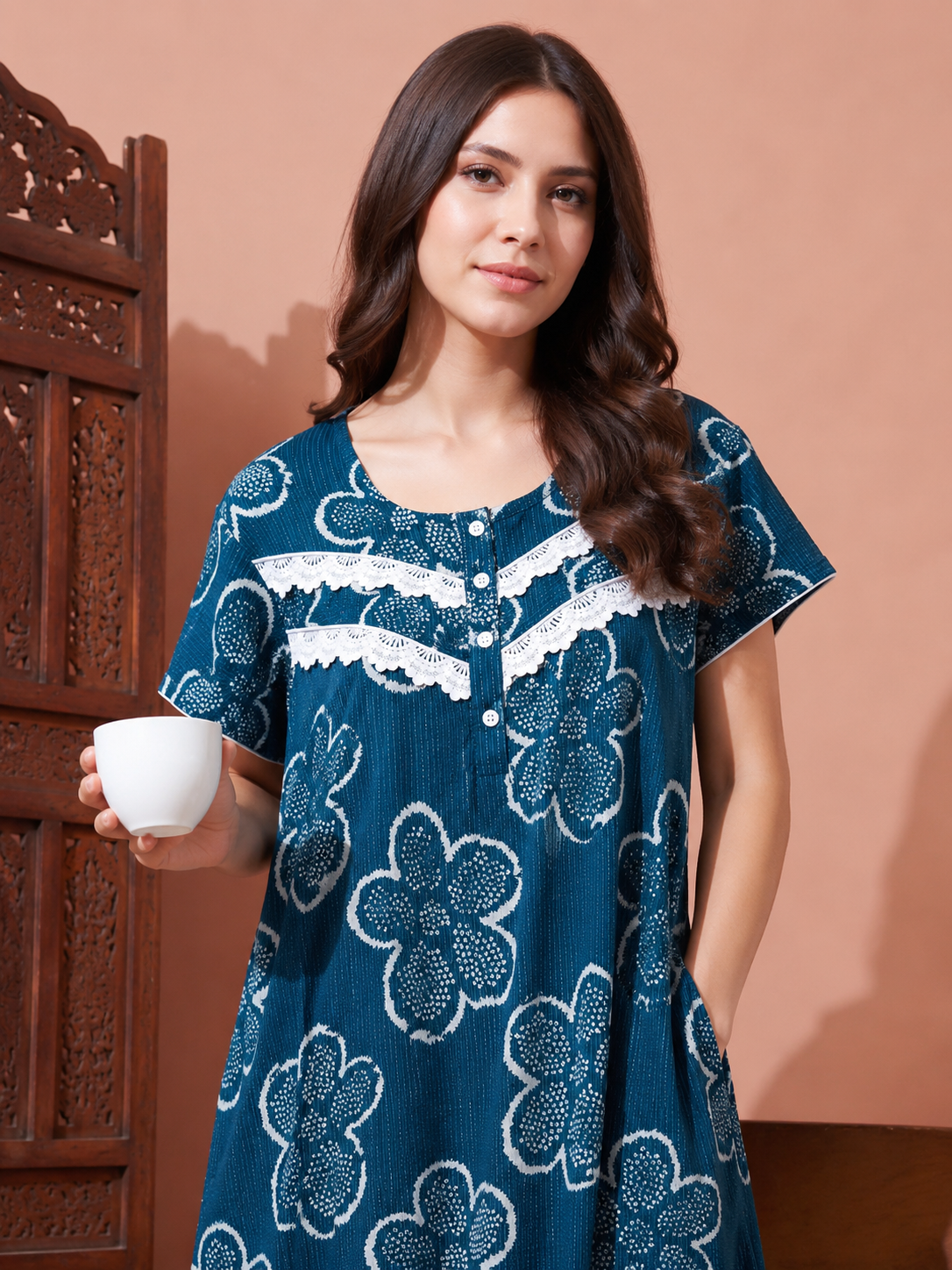 Women's Blue Floral Printed Cotton Nighty with Lace Yoke | Short Sleeve Full Length Night Gown