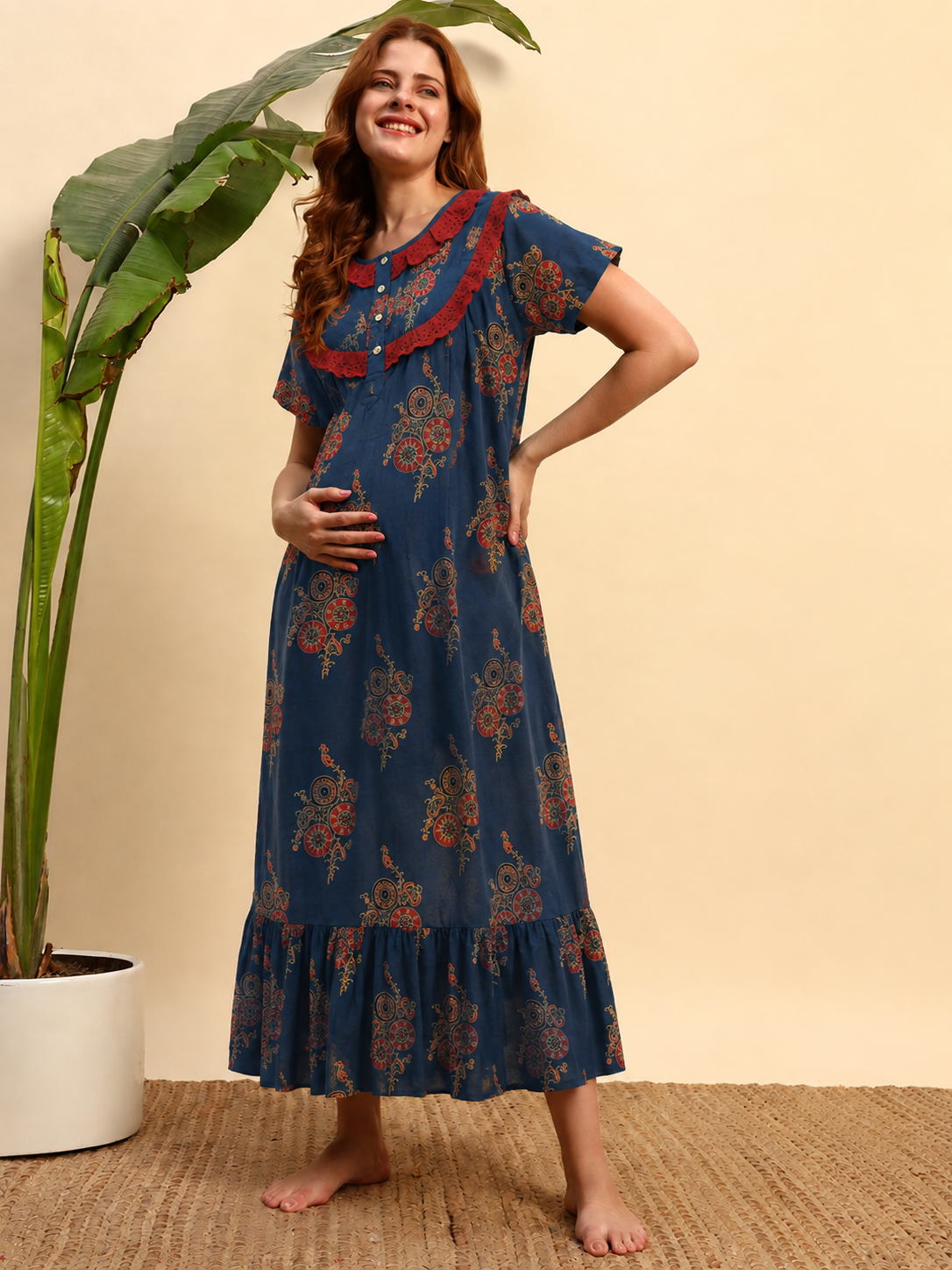 Sephani Women's Maternity Cotton Printed Nightgown with Feeding Zip, Lace Yoke & Flounce Hem | Soft Full-Length Nursing Nighty