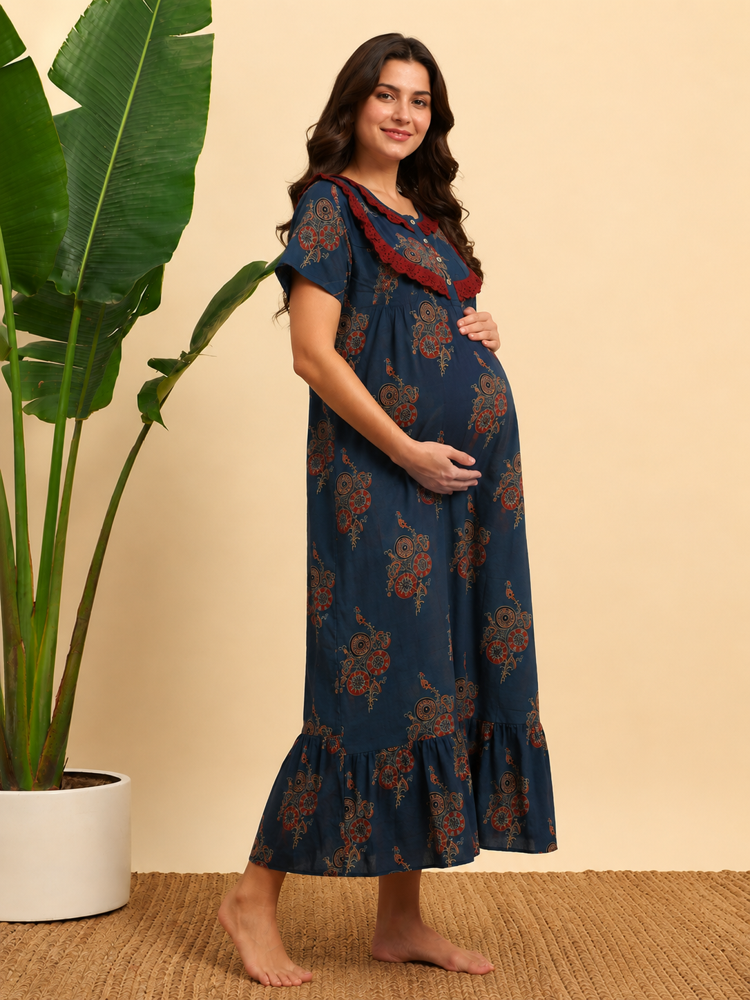 Sephani Women's Maternity Cotton Printed Nightgown with Feeding Zip, Lace Yoke & Flounce Hem | Soft Full-Length Nursing Nighty