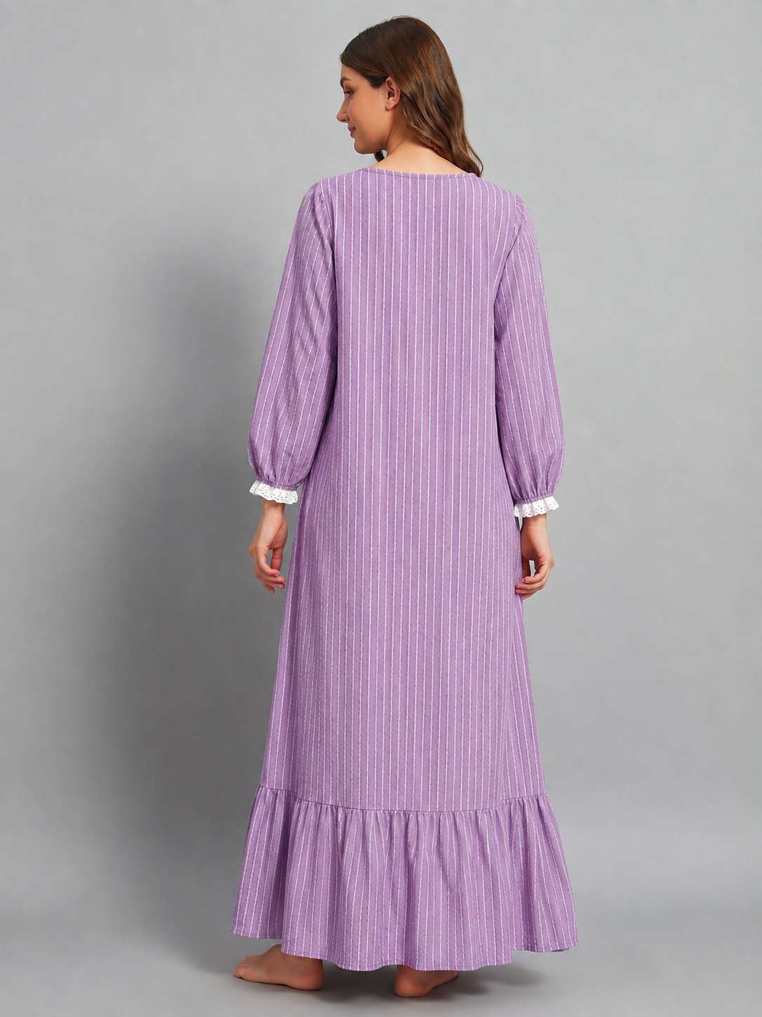Sephani Women's Purple Cotton Blend Victorian Lace Trim Full Length Nightgown | Vintage Long Sleeve Sleep Dress