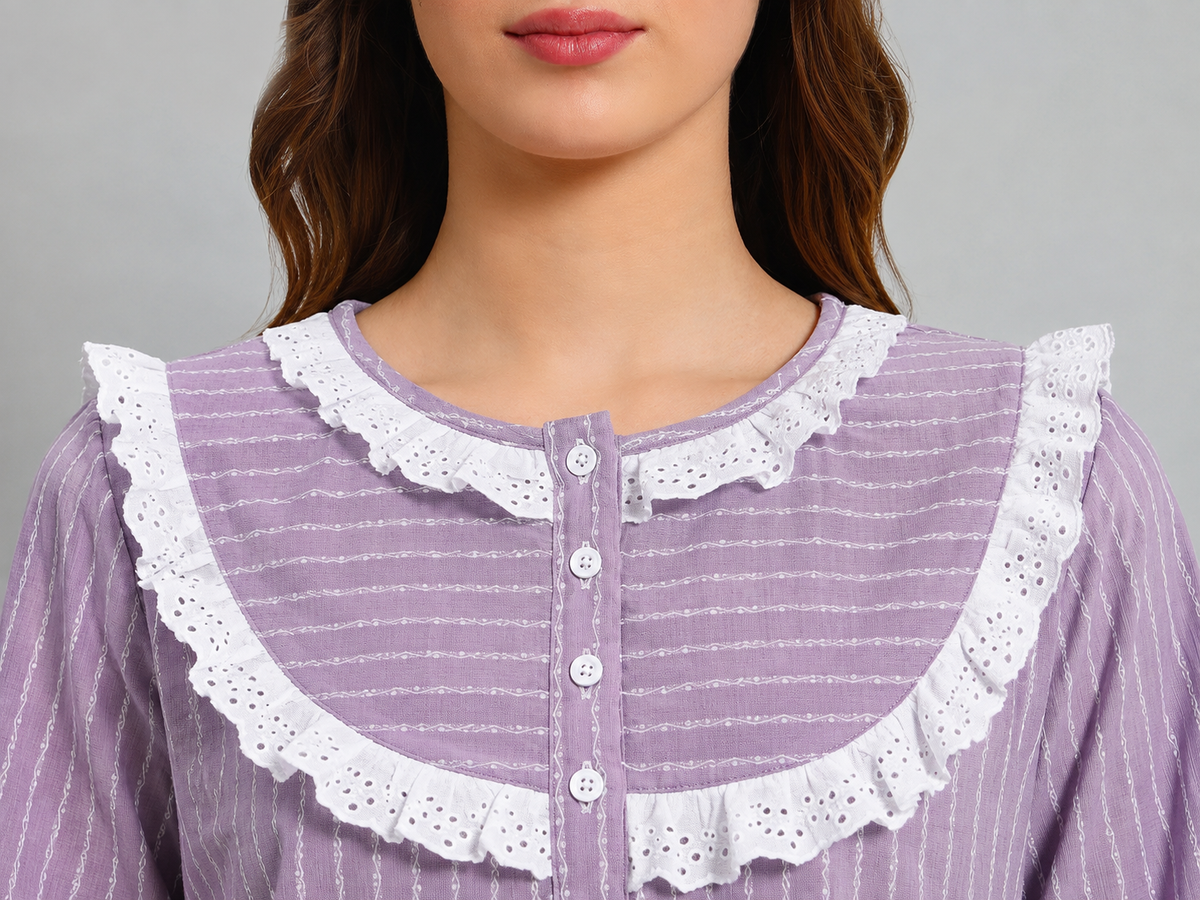 Sephani Women's Purple Cotton Blend Victorian Lace Trim Full Length Nightgown | Vintage Long Sleeve Sleep Dress