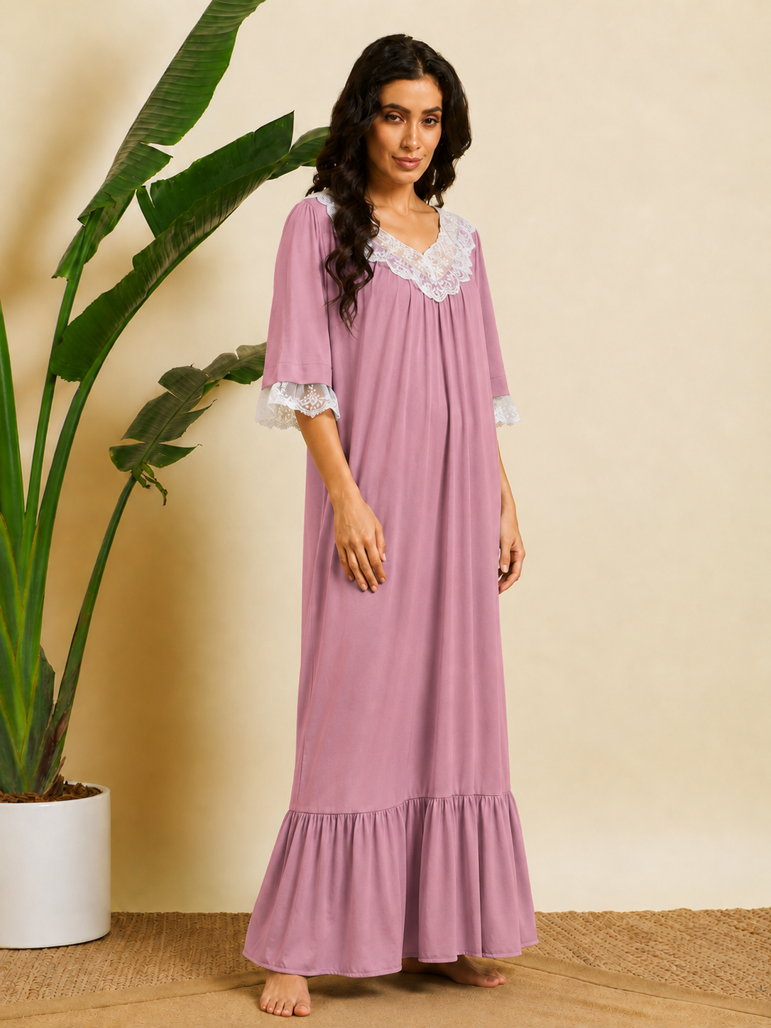 Sephani Women's Dusky Pink Soft Knit Full Length Nightgown | Lace Trim Maxi Sleep Dress