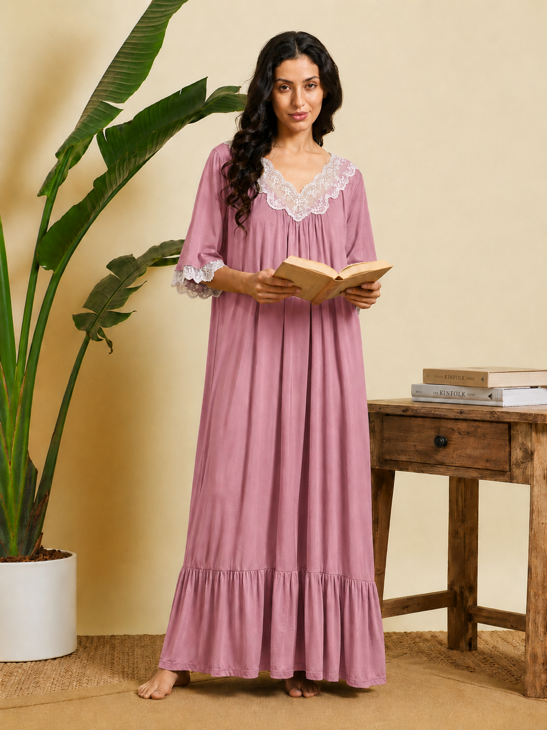 Sephani Women's Dusky Pink Soft Knit Full Length Nightgown | Lace Trim Maxi Sleep Dress