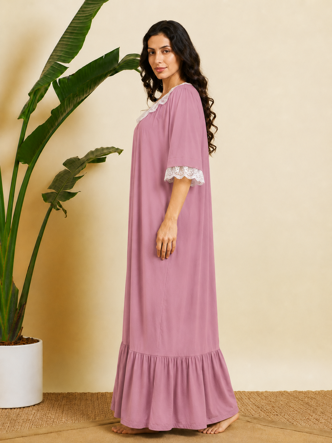 Sephani Women's Dusky Pink Soft Knit Full Length Nightgown | Lace Trim Maxi Sleep Dress