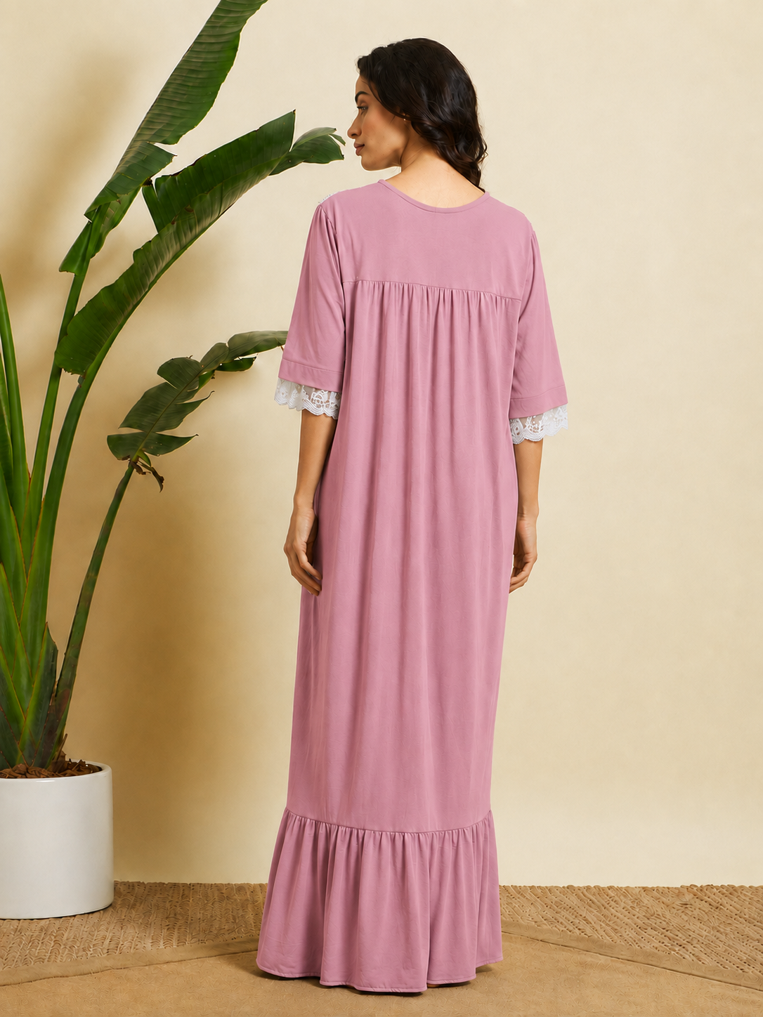 Sephani Women's Dusky Pink Soft Knit Full Length Nightgown | Lace Trim Maxi Sleep Dress
