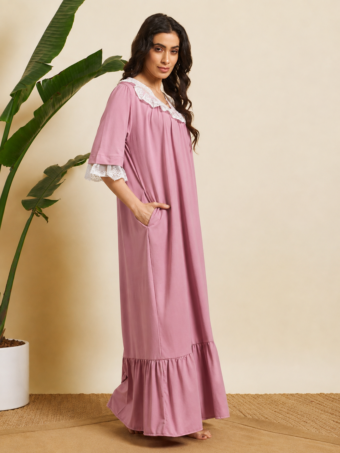 Sephani Women's Dusky Pink Soft Knit Full Length Nightgown | Lace Trim Maxi Sleep Dress