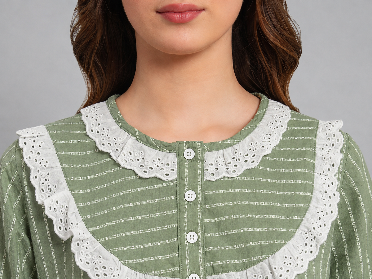 Women's Sage Green Striped Cotton Nighty with Lace Collar | Full Length Long Sleeve Night Gown