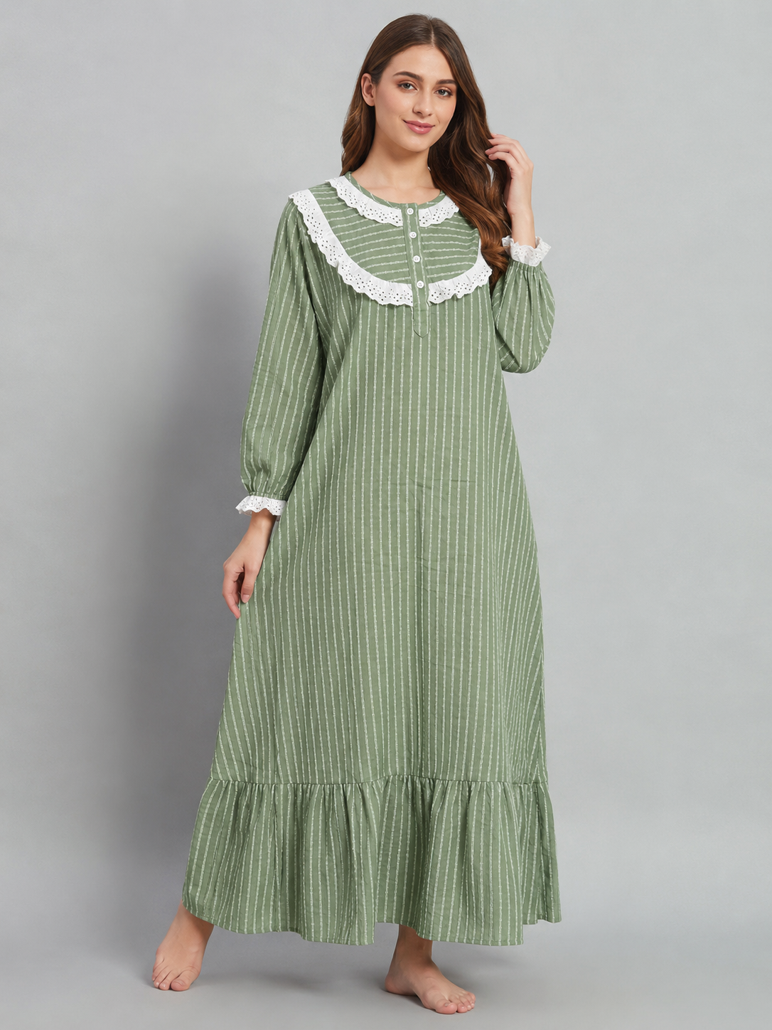 Women's Sage Green Striped Cotton Nighty with Lace Collar | Full Length Long Sleeve Night Gown