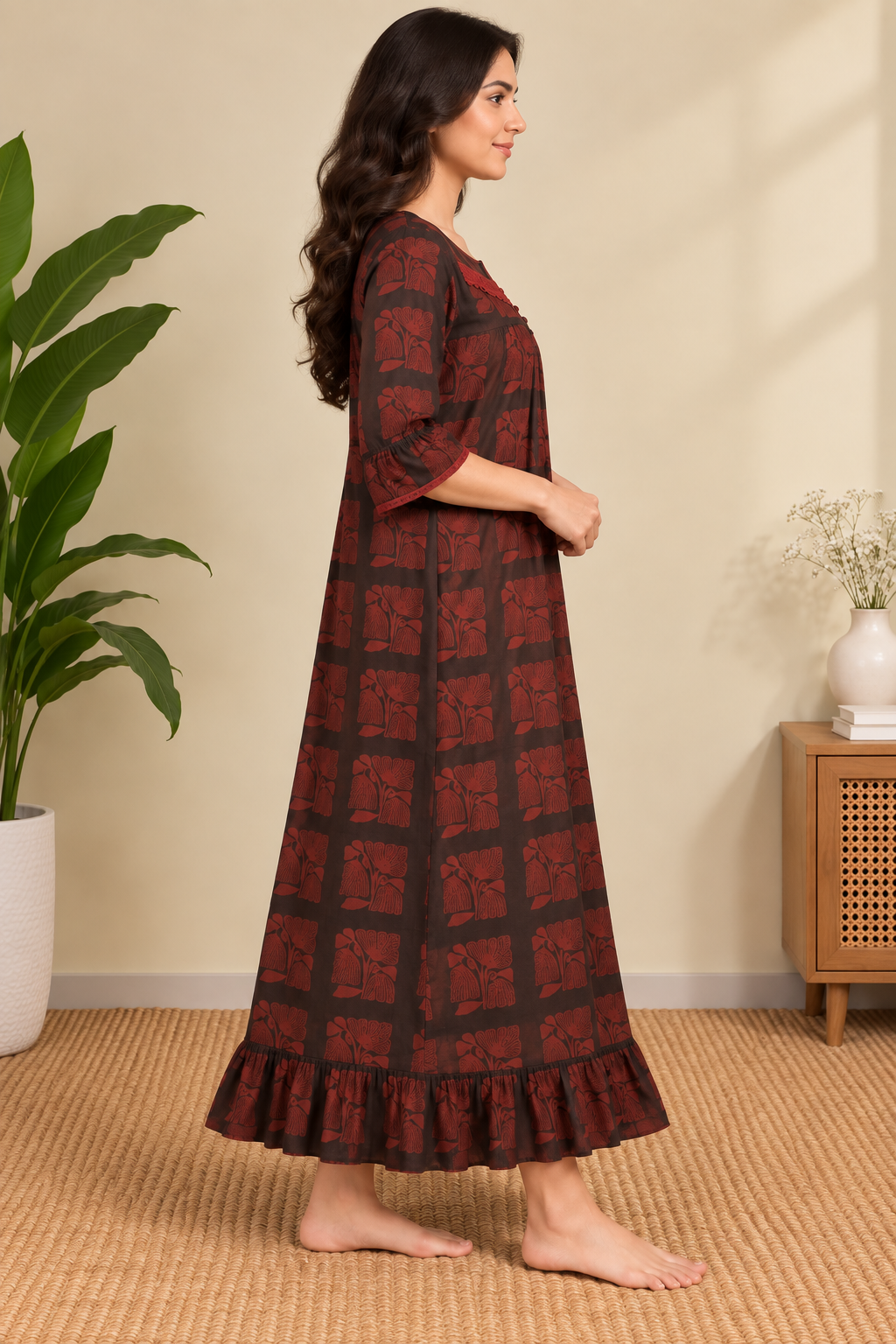 Sephani maroon full length floral printed nighty for women