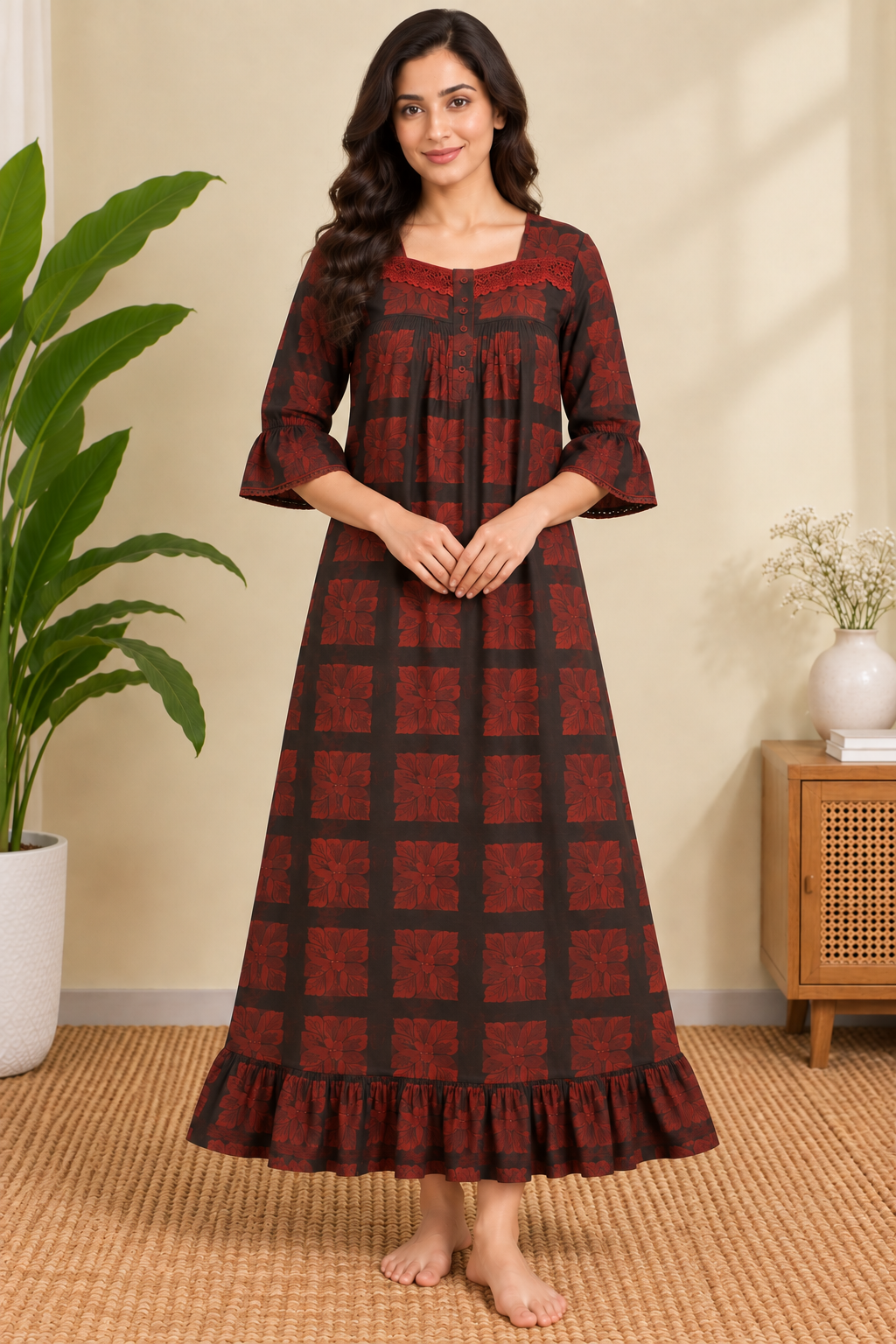 Sephani women’s maroon floral printed cotton nightgown