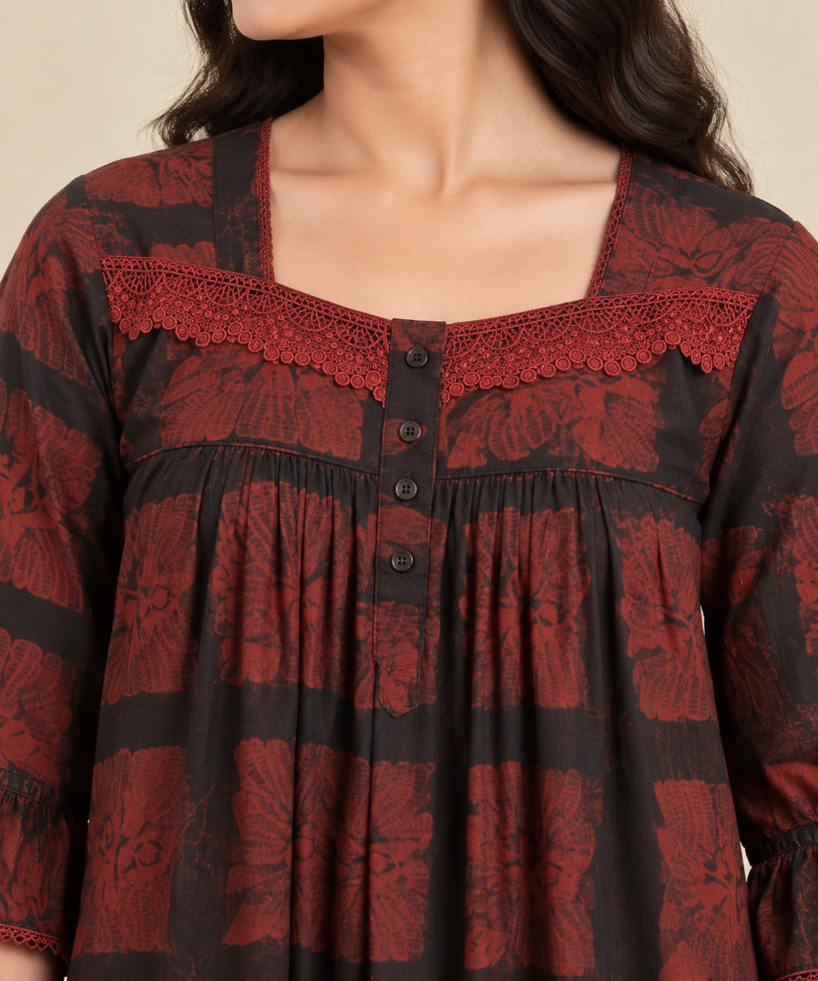 Women’s maroon floral cotton nightgown with lace neckline