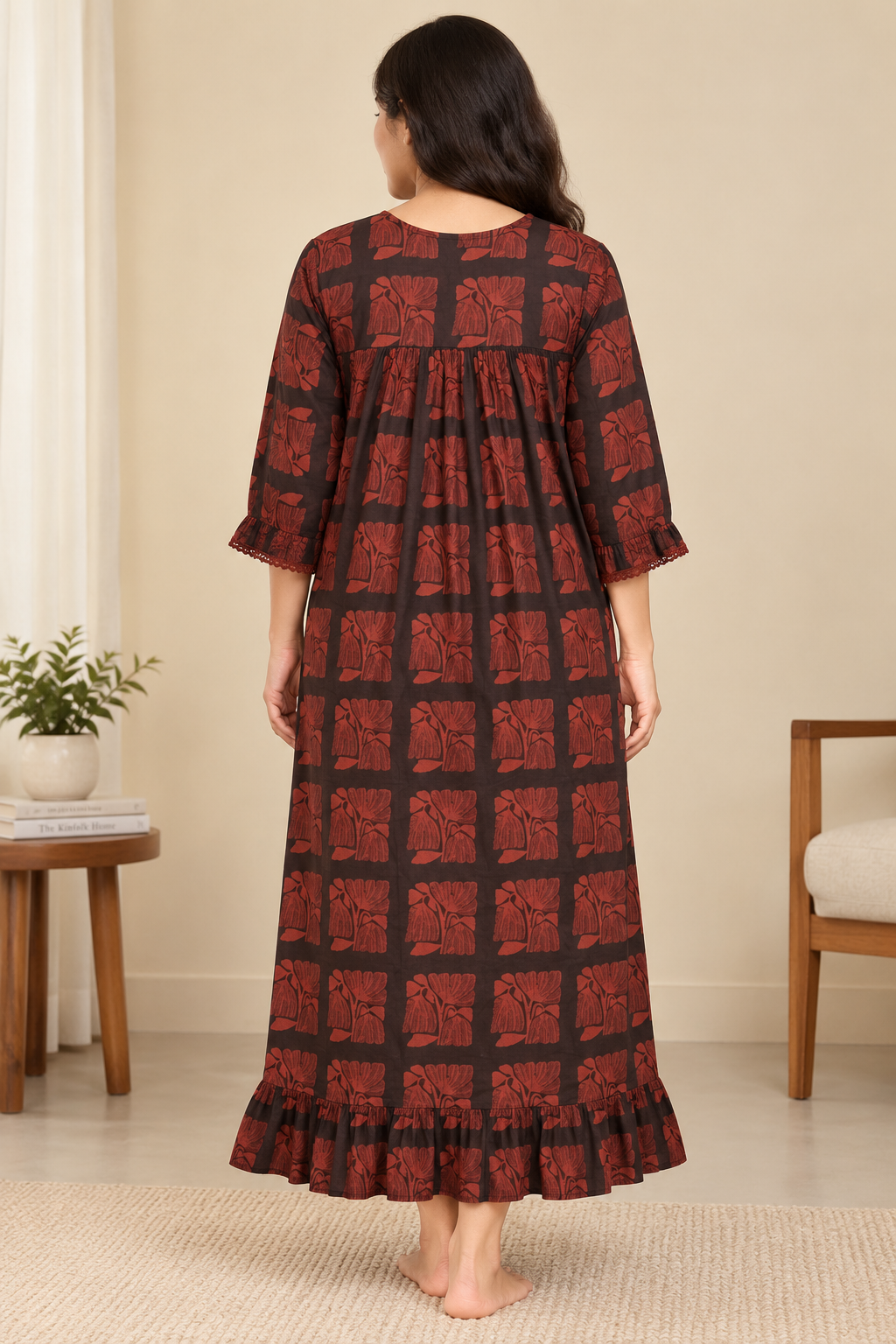 Maroon floral nightgown with front button detailing