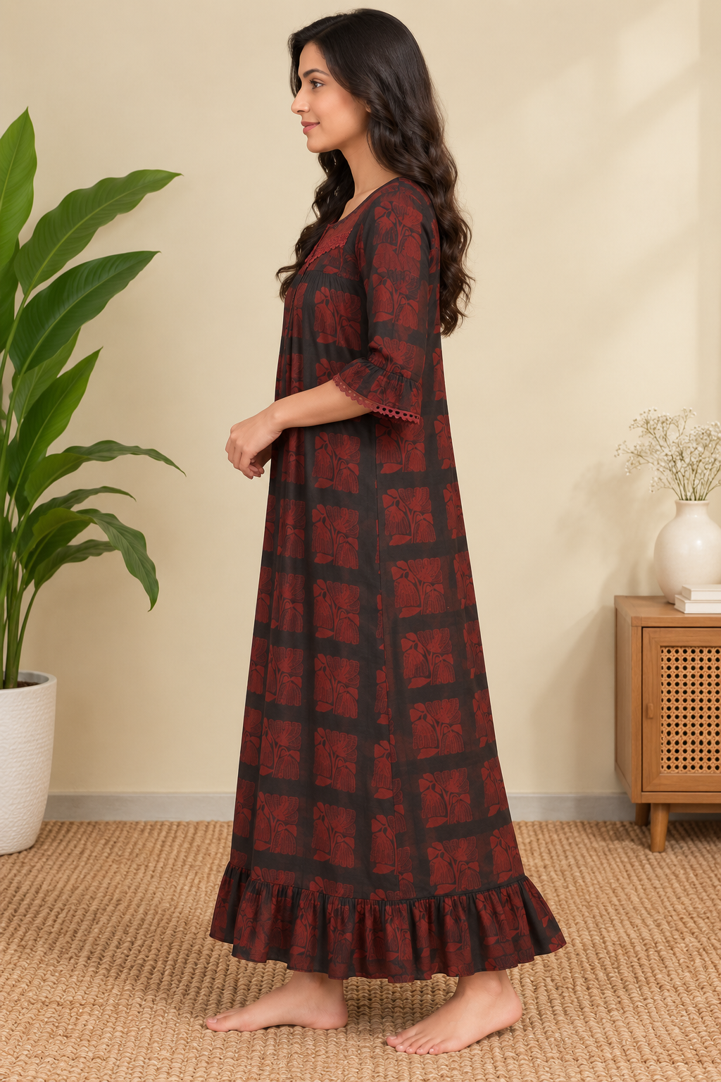 Sephani women’s 3/4 sleeve maroon printed nightdress