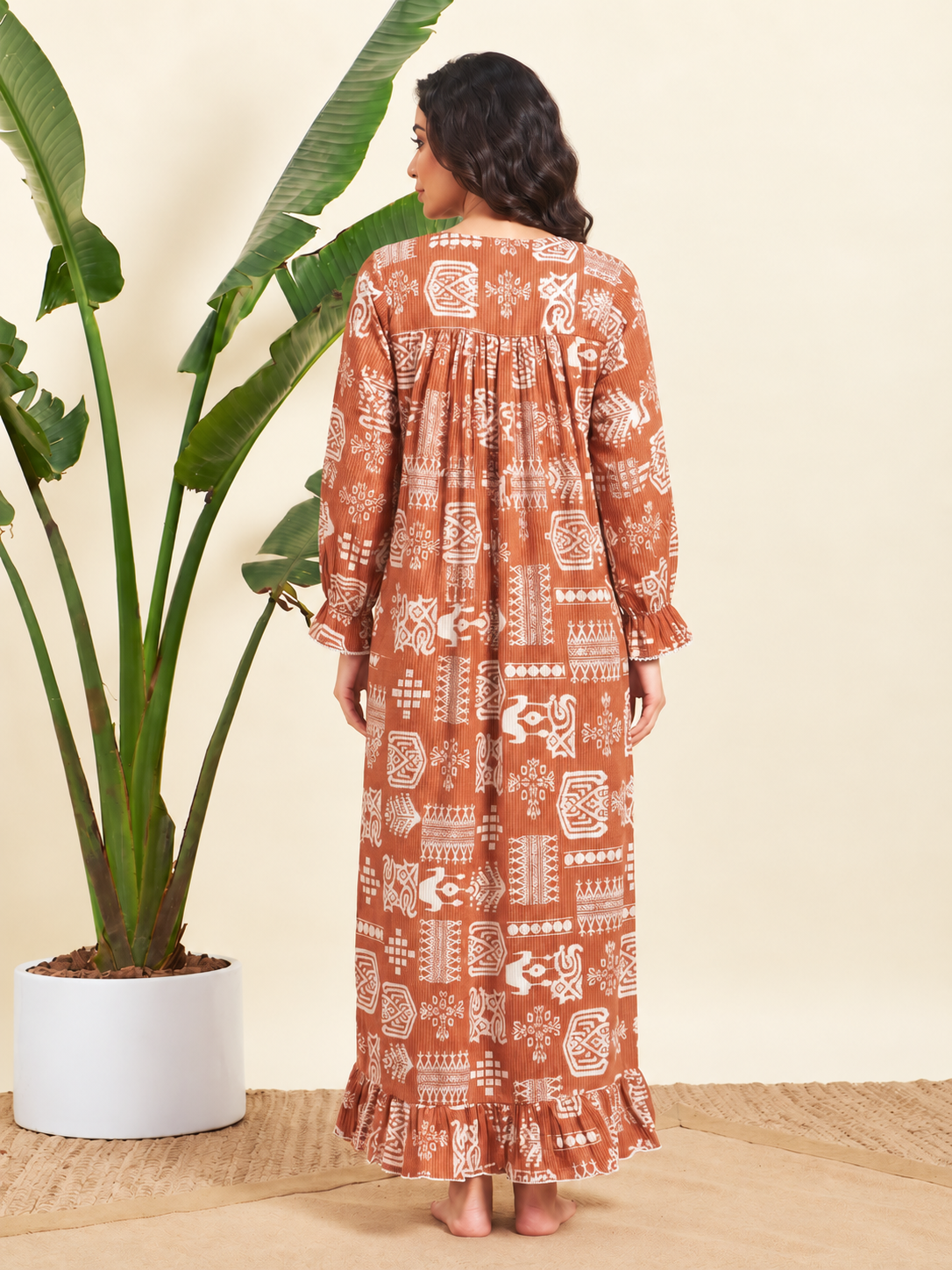 Sephani Orange Printed Long Nightgown for Women | Full Sleeve Flared Nightdress