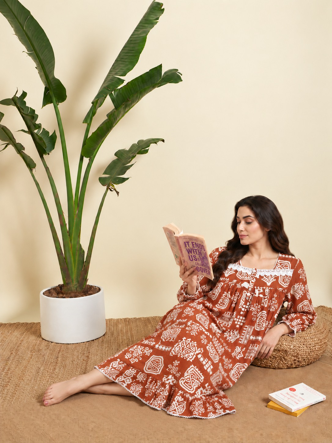 Sephani Orange Printed Long Nightgown for Women | Full Sleeve Flared Nightdress
