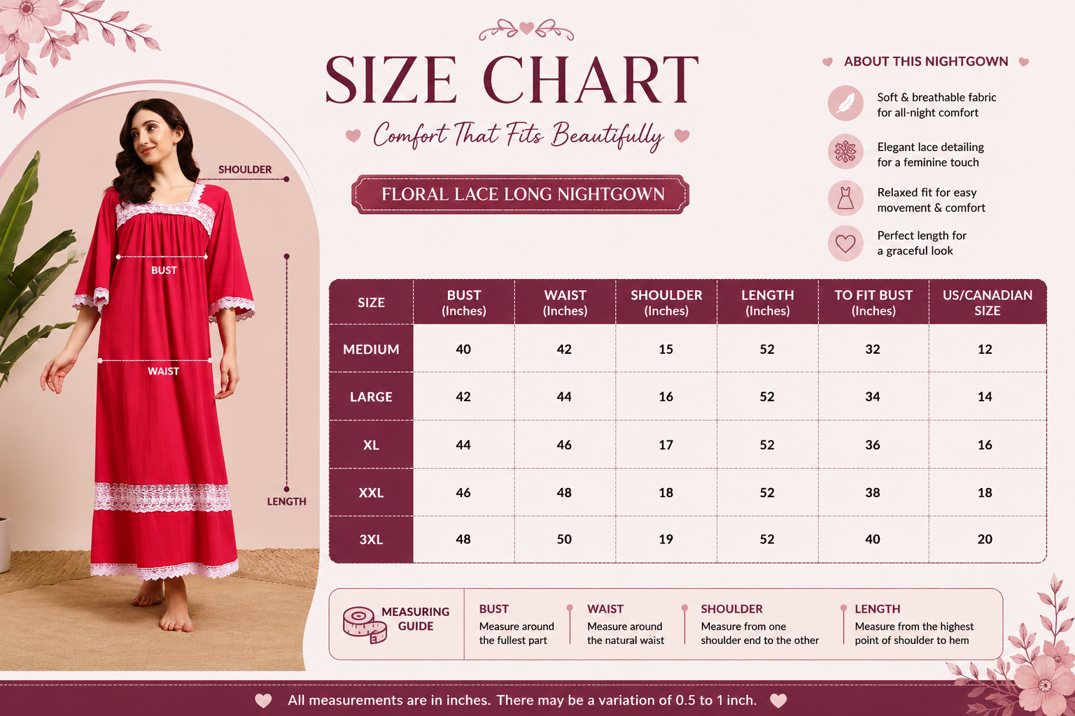 Sephani Women's Red Cotton Nightgown | Elegant Lace Trim Long Night Dress | Soft Cotton Sleepwear
