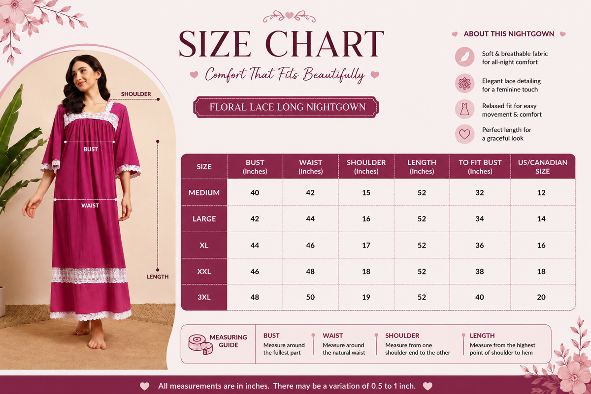 Sephani Women's Magenta Cotton Nightgown | Elegant Lace Trim Long Night Dress | Soft Cotton Sleepwear