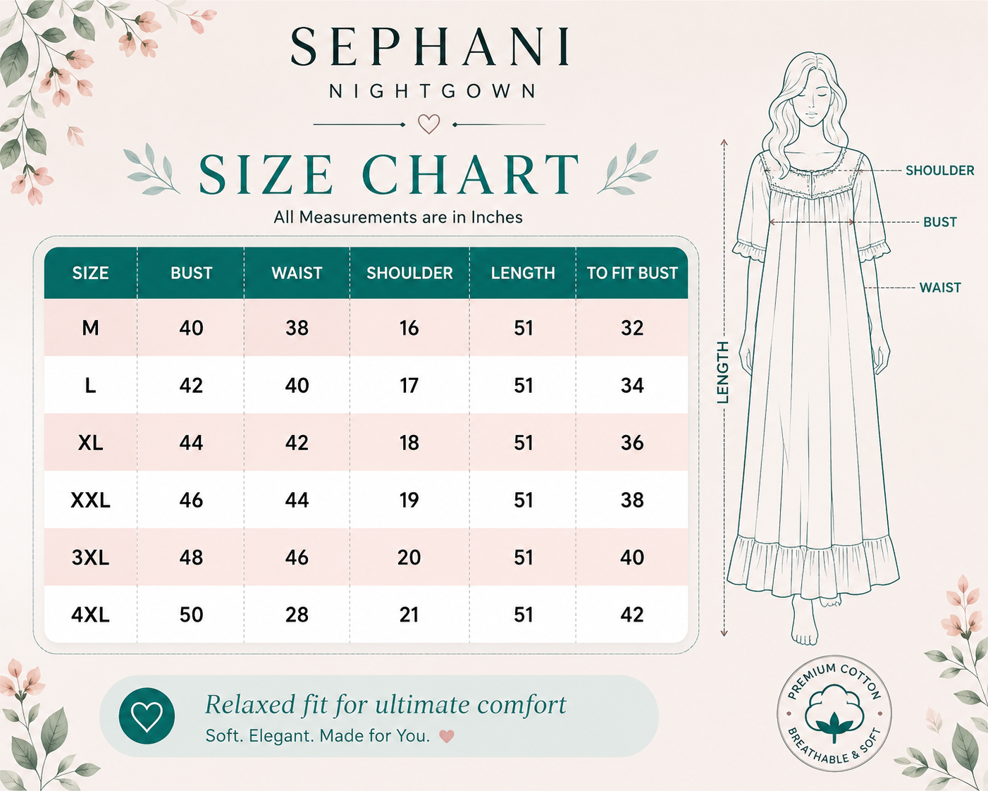 Women's Cotton Nightgown Size Chart by Sephani with Measurement Guide