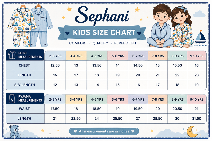 Sephani Kids size chart for shirts and pyjamas with measurements in centimeters.