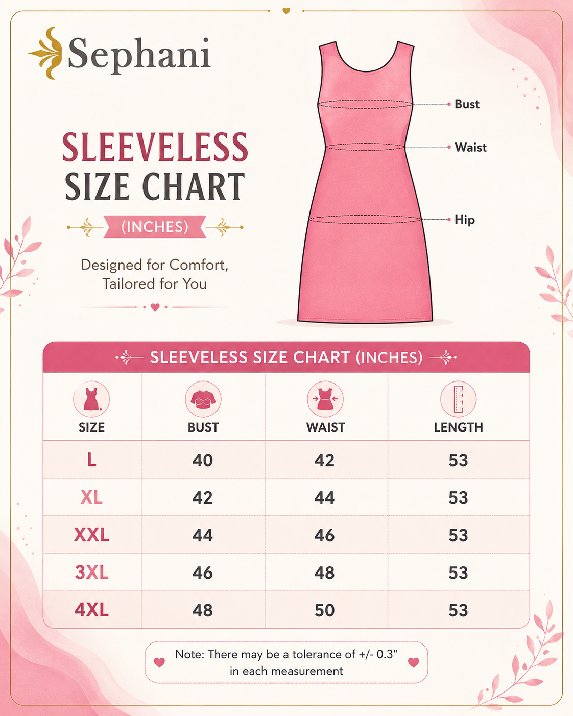 Sephani sleeveless size chart in inches with a pink line drawing of a dress labeled bust, waist, and hip, plus a size table listing L through 4XL with bust, waist, and length measurements.