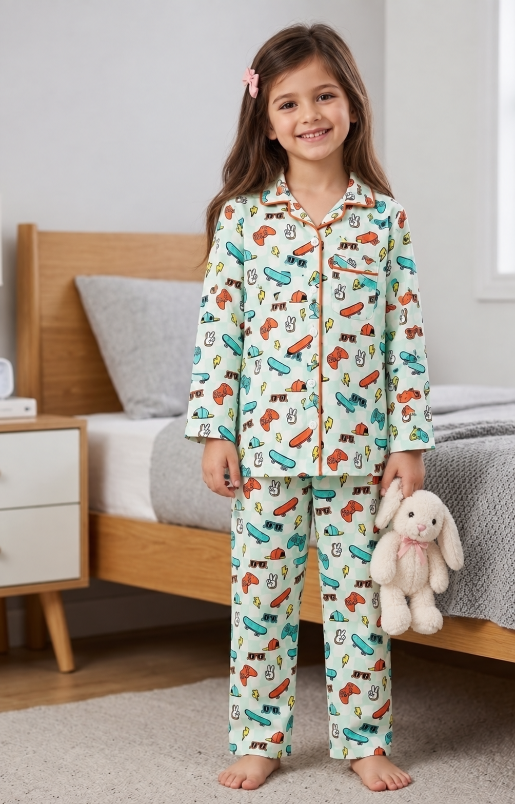 A young girl stands barefoot in a bedroom wearing a long-sleeve pajama set with an all-over colorful car print on a light background. She is holding a white plush bunny toy.