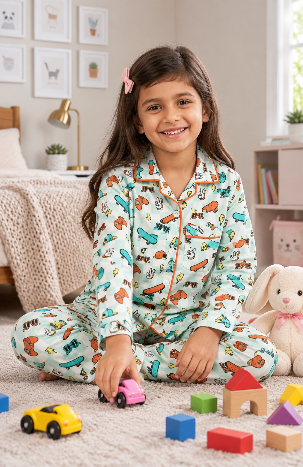 A young girl with a pink hair clip sits cross-legged on a carpeted floor in a child's bedroom, wearing a light mint green pajama set with a colorful cartoon car pattern. She is smiling and holding a small pink toy car, surrounded by wooden blocks and a plush bunny.