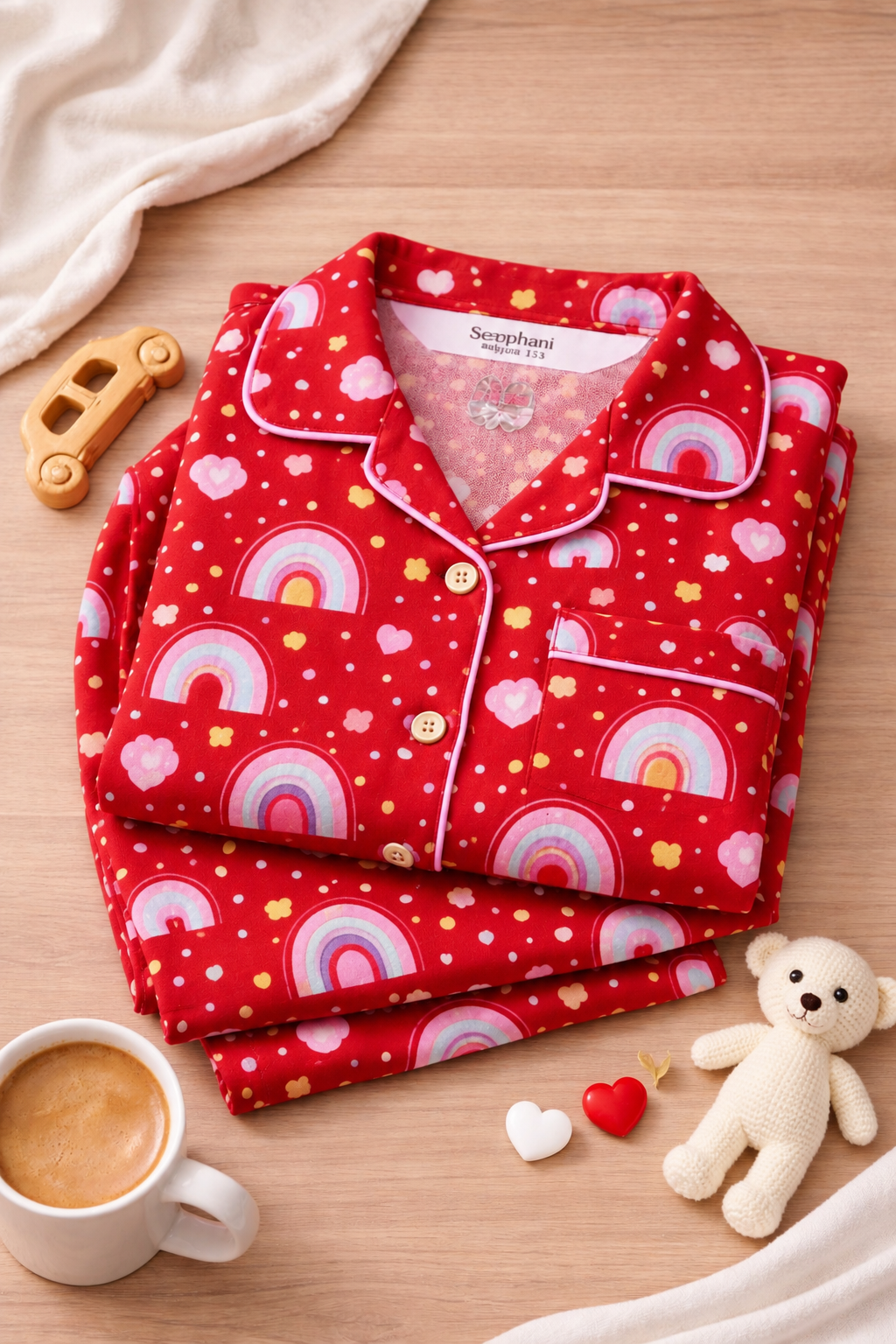Girls Cotton Rainbow Print Night Suit | Soft Full Sleeve Button-Down Pajama Set | Kids Sleepwear