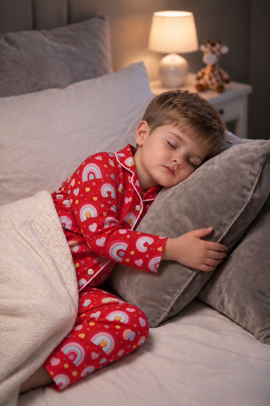 Kids Rainbow Heart Print Cotton Night Suit for Boys | Soft Full Sleeve Button-Down Pajama Set | Comfortable Sleepwear
