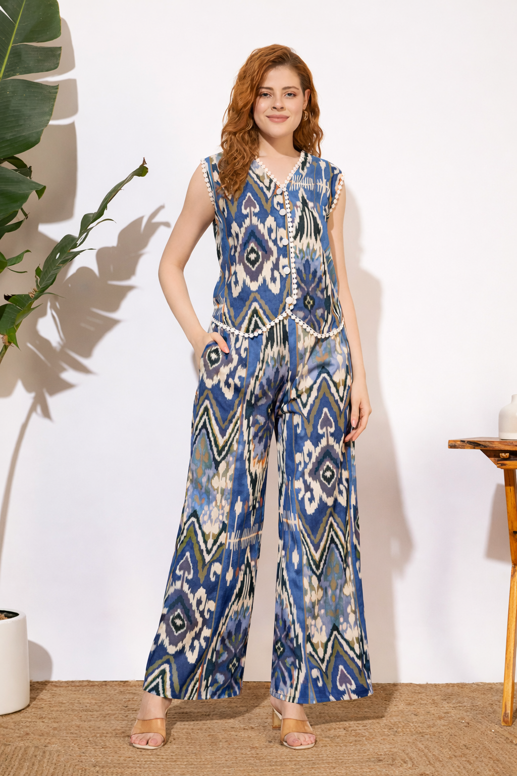 Women’s Blue Ikat Printed Sleeveless Co-Ord Set