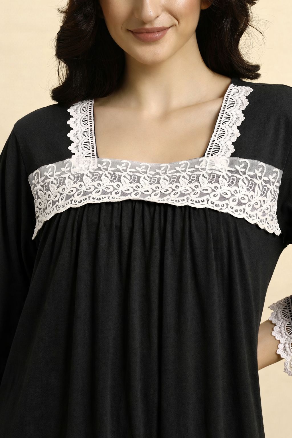 Women Cotton Nighty – Black Lace Detail Full Length Night Gown