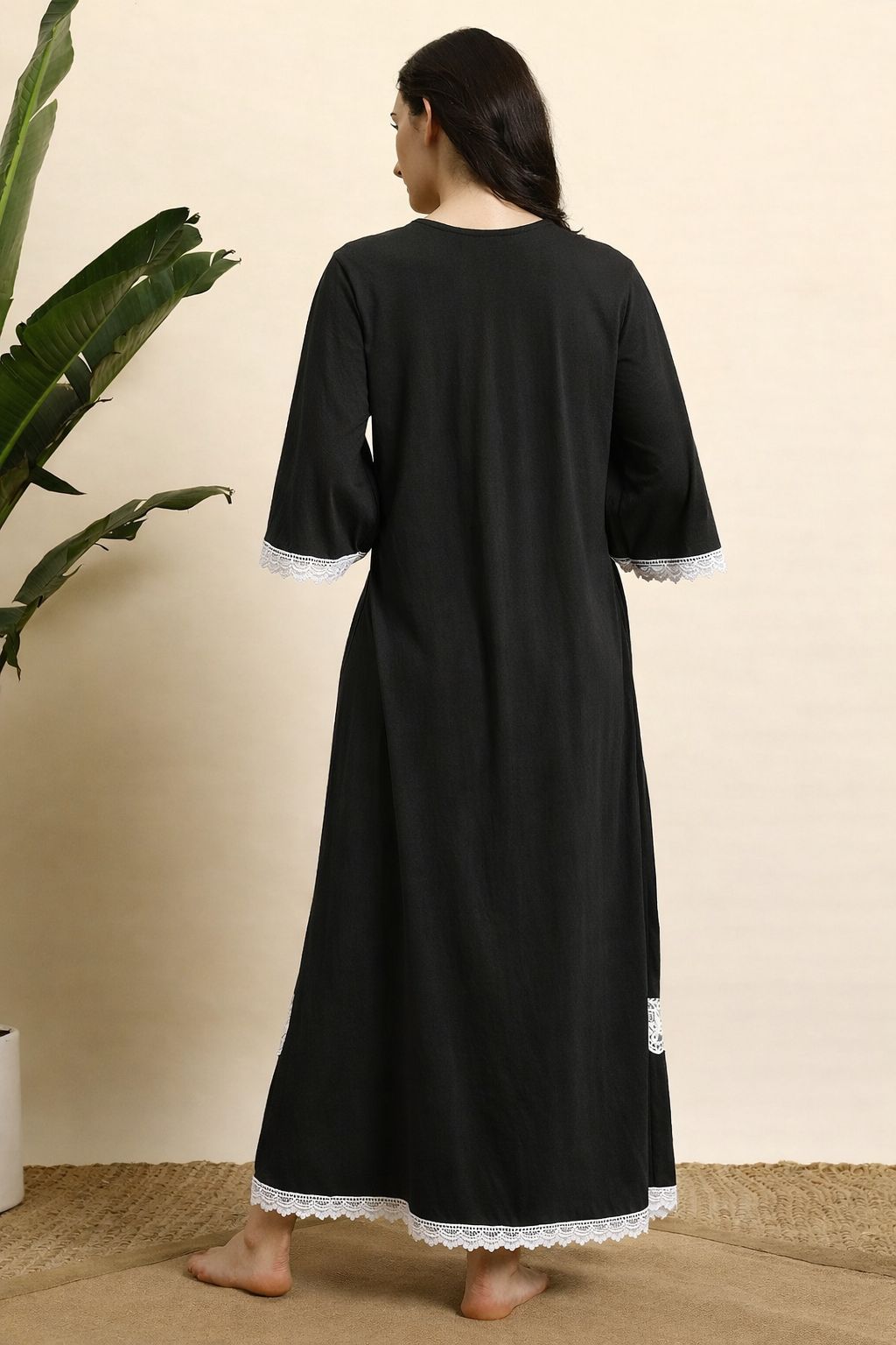 Women Cotton Nighty – Black Lace Detail Full Length Night Gown