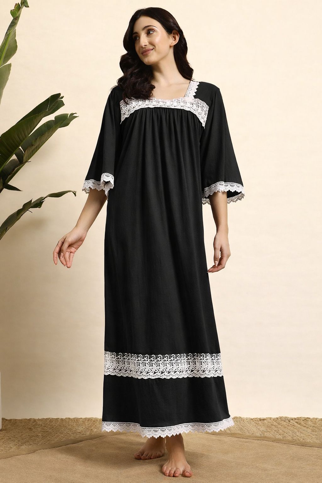 🖤 Women Cotton Nighty – Black Lace Detail Full Length Night Gown