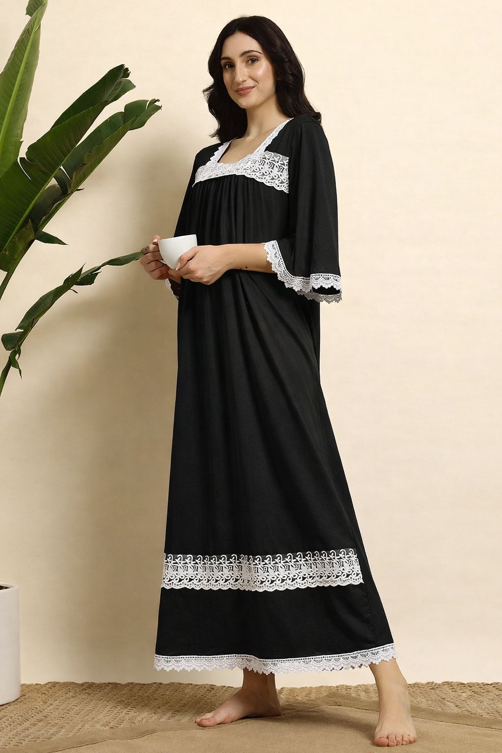Women Cotton Nighty – Black Lace Detail Full Length Night Gown