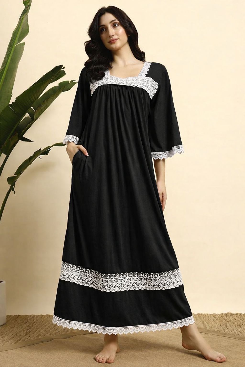 Women Cotton Nighty – Black Lace Detail Full Length Night Gown