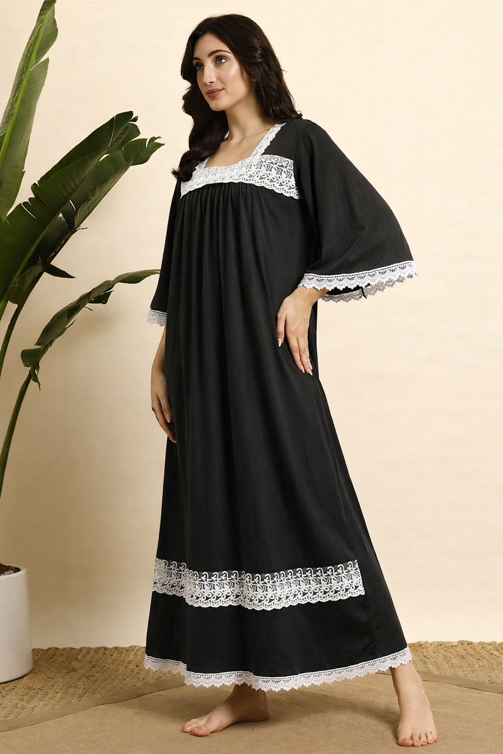 🖤 Women Cotton Nighty – Black Lace Detail Full Length Night Gown