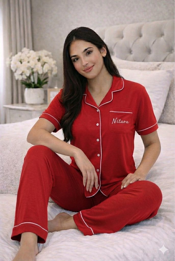 Woman wearing red pajamas with 'Natura' branding, sitting on a bed in a bedroom.