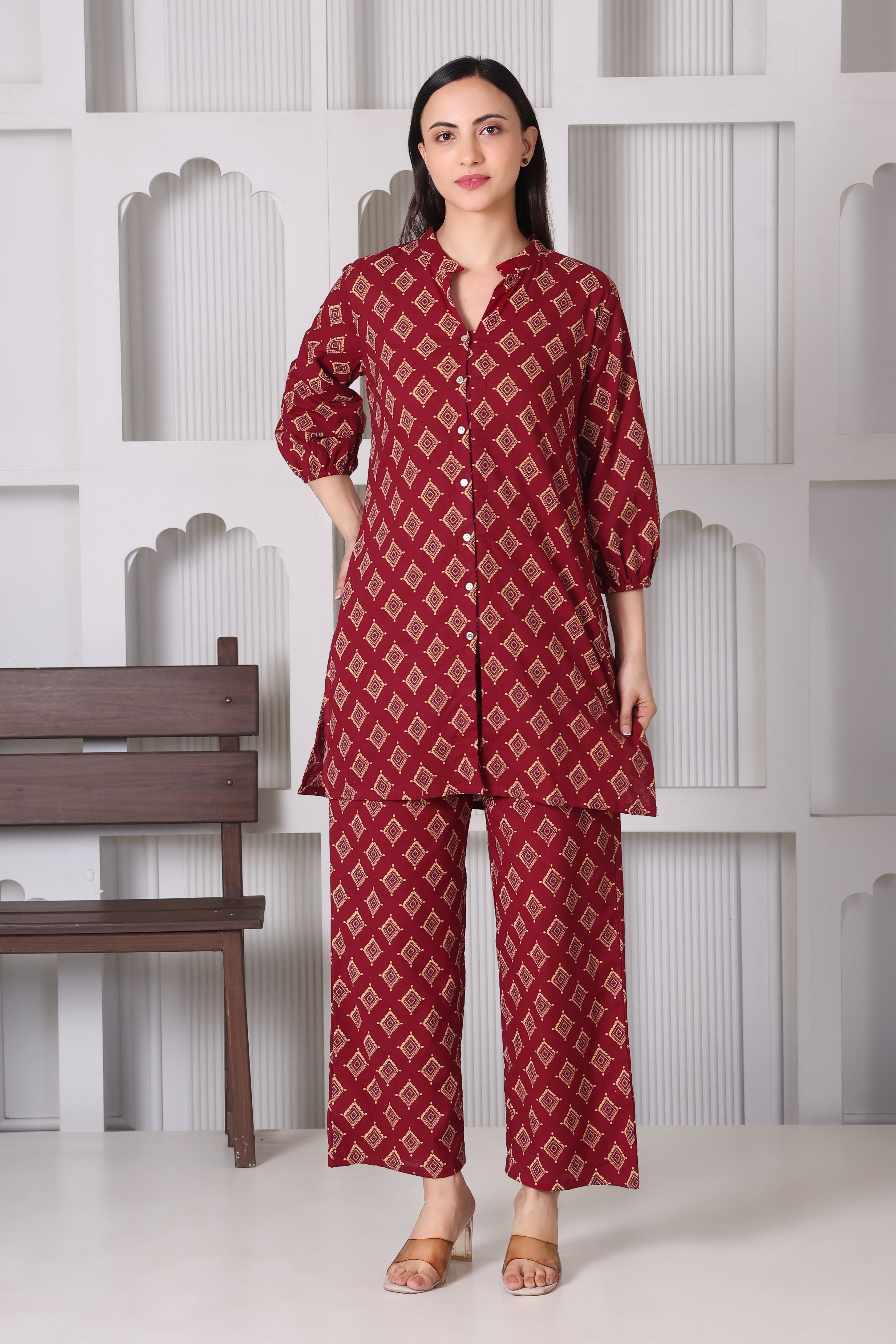 Maroon Geometric Printed Kurta & Pant Co-Ord Set for Women