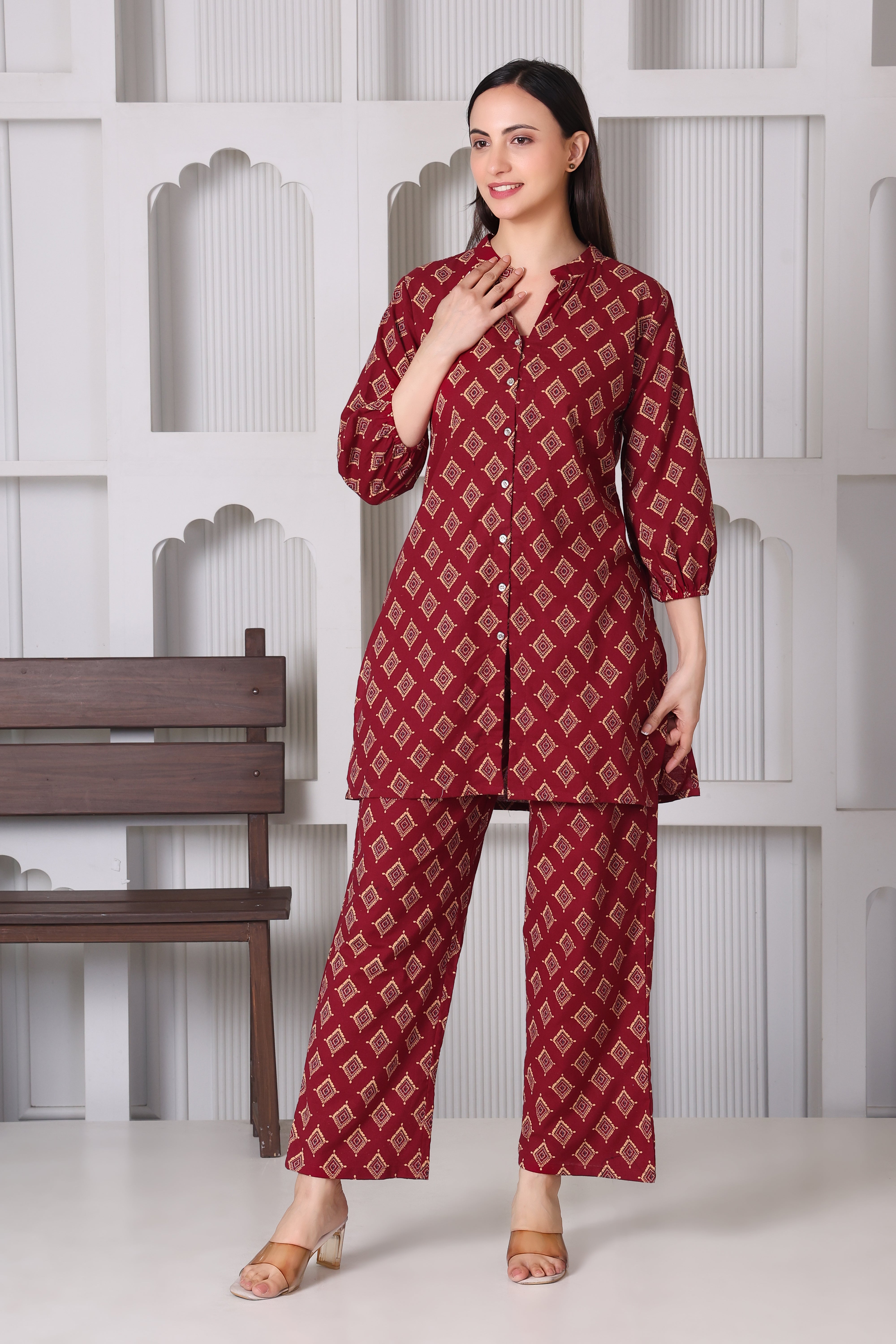 Maroon Geometric Printed Kurta & Pant Co-Ord Set for Women