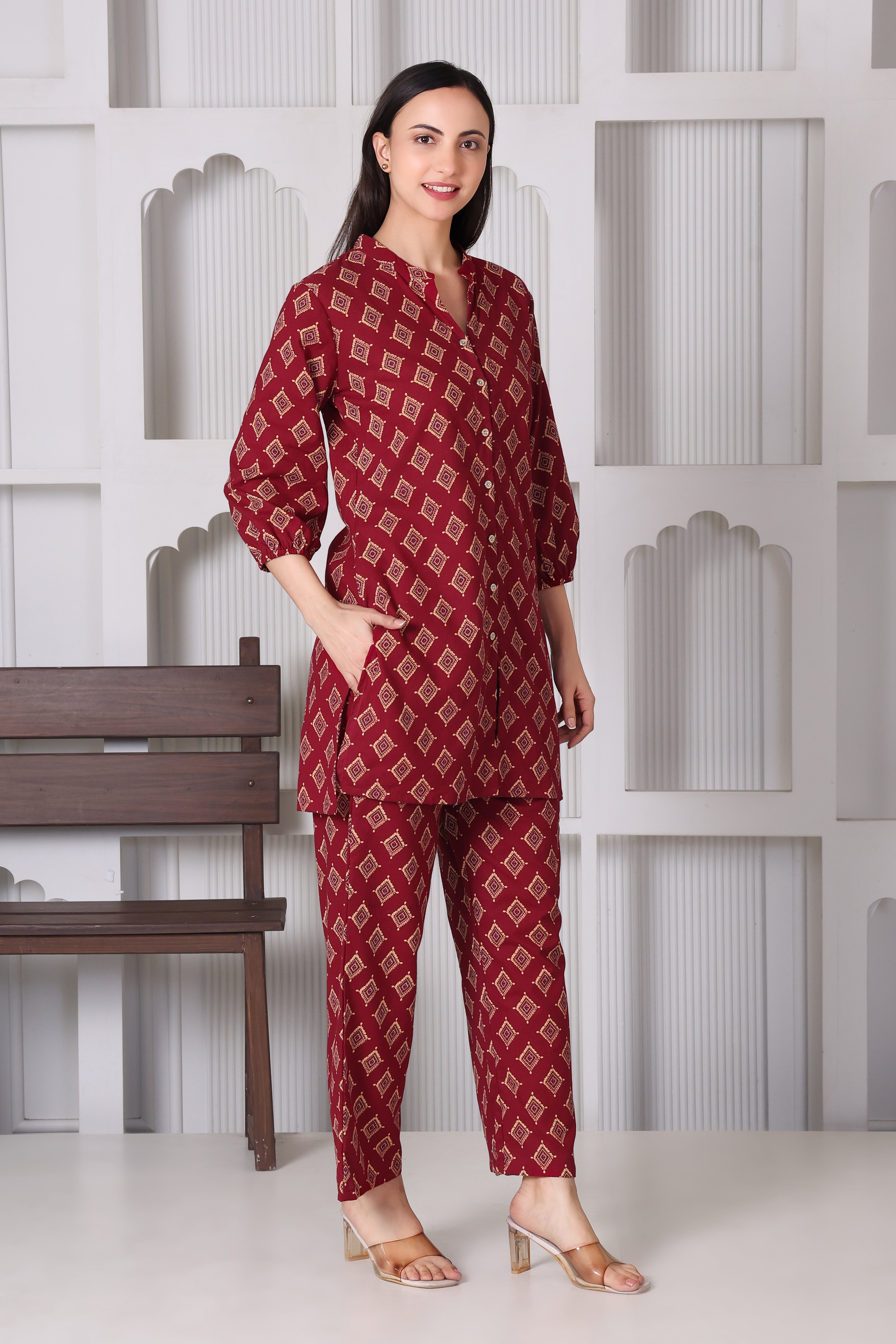 Maroon Geometric Printed Kurta & Pant Co-Ord Set for Women