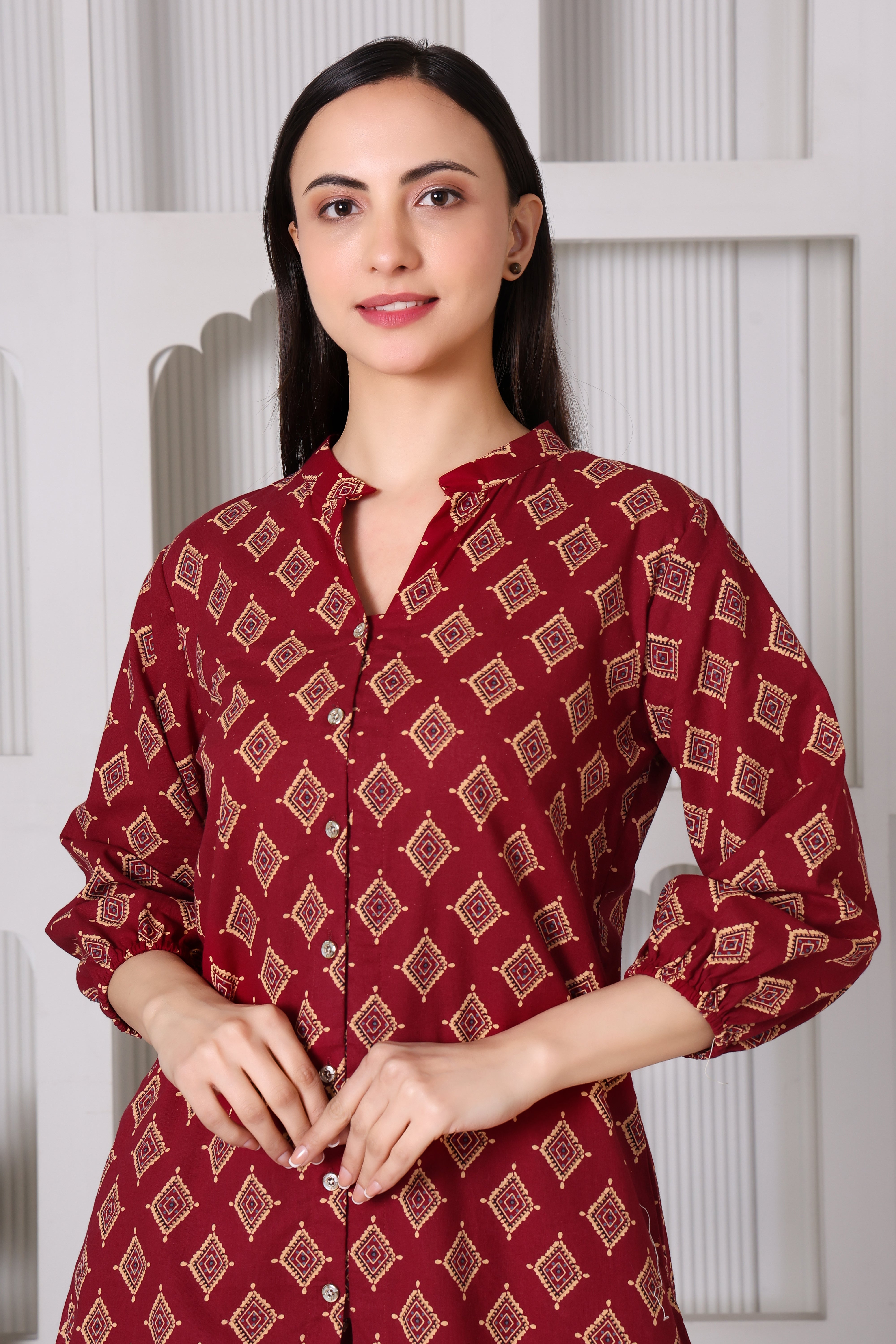 Maroon Geometric Printed Kurta & Pant Co-Ord Set for Women