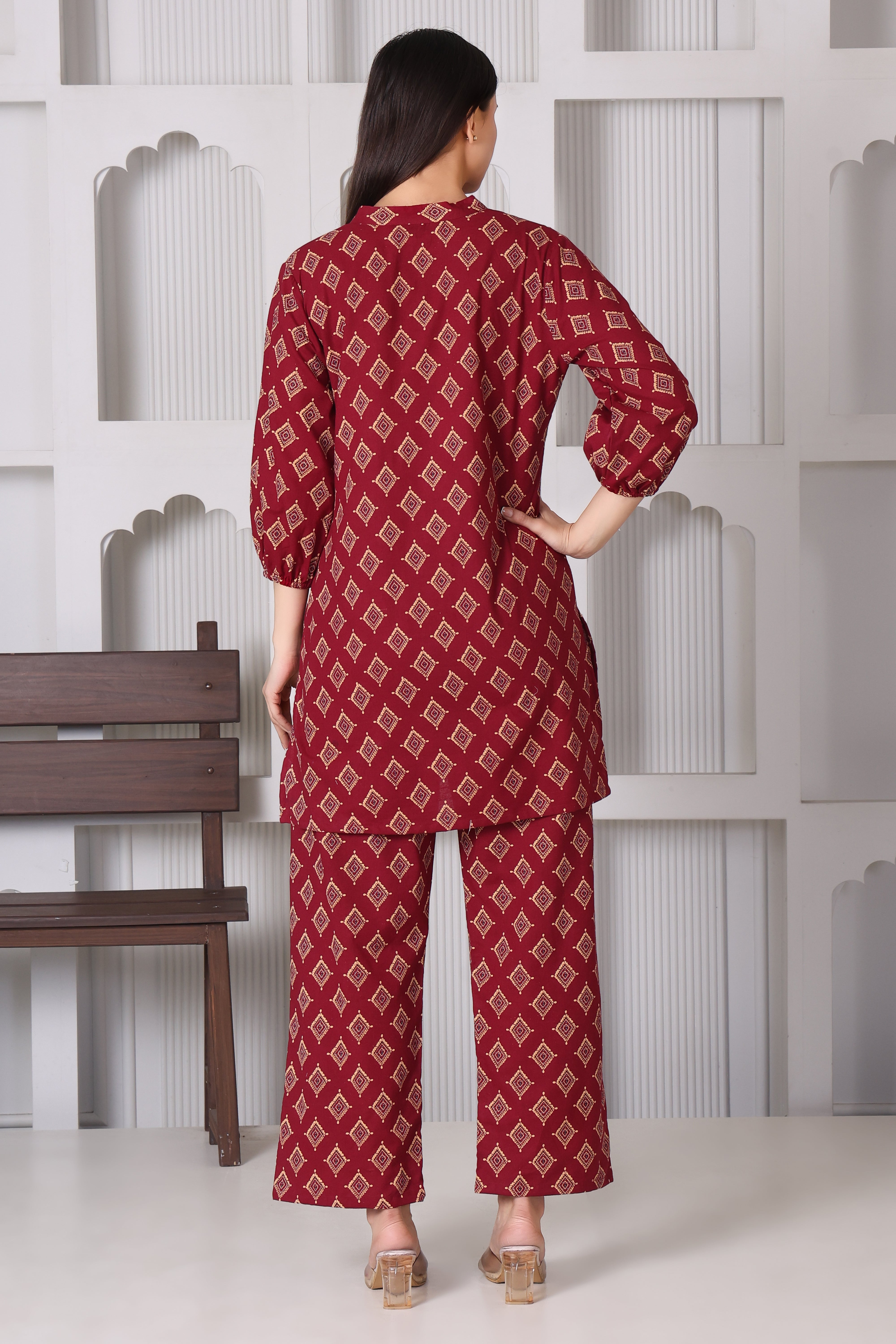 Maroon Geometric Printed Kurta & Pant Co-Ord Set for Women