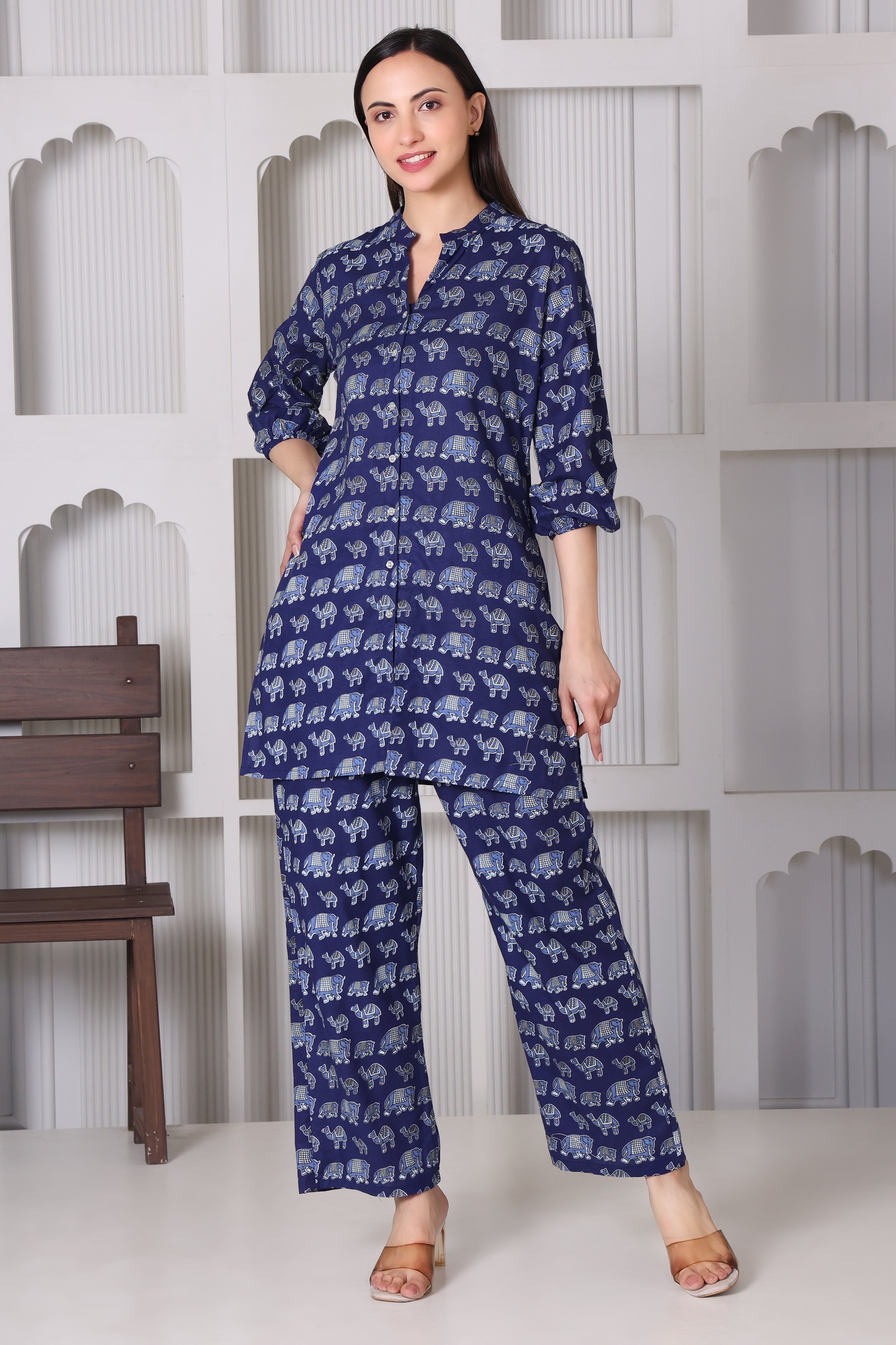 Women’s Navy Blue Elephant Print Night Suit Co-Ord Set