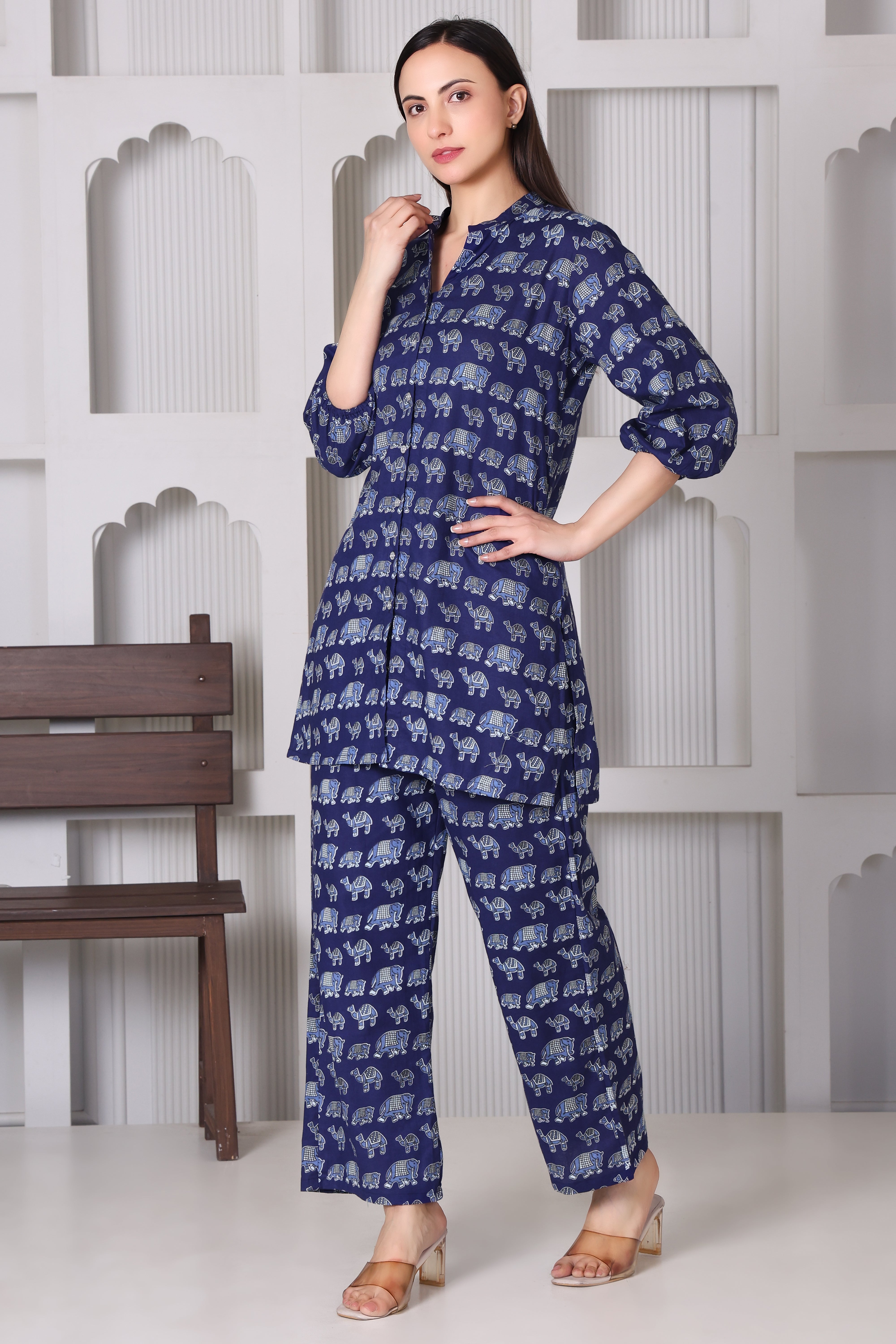 Women’s Navy Blue Elephant Print Night Suit Co-Ord Set