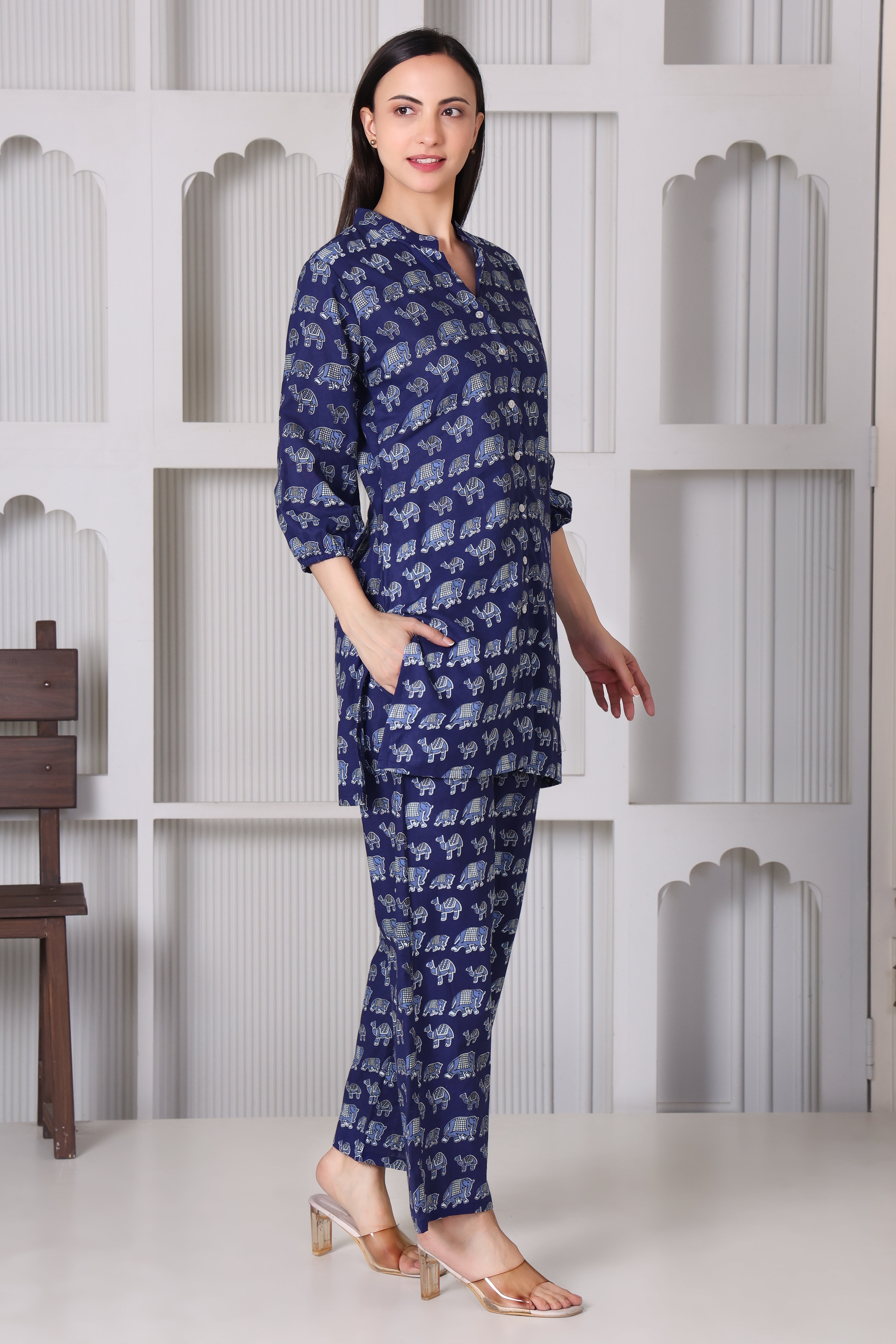 Women’s Navy Blue Elephant Print Night Suit Co-Ord Set